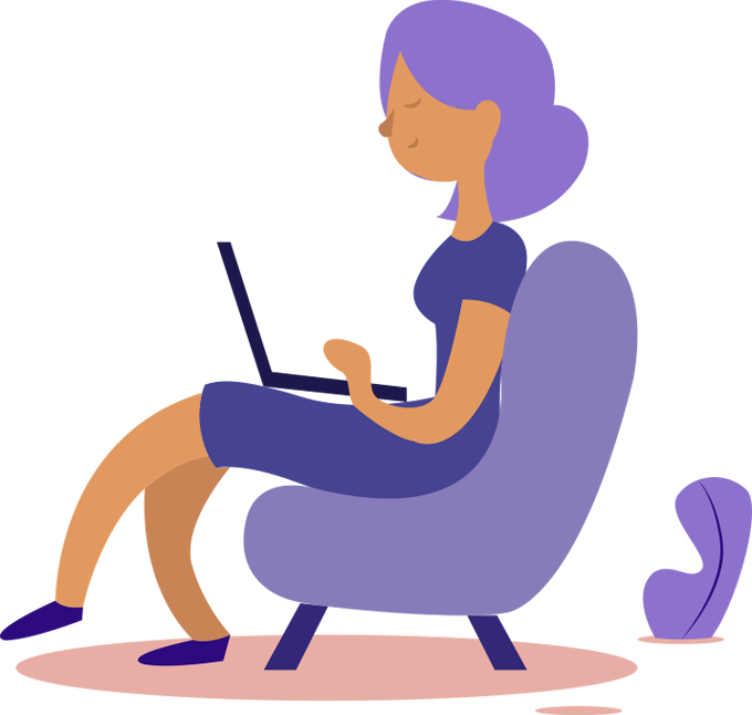 A woman sitting down, searching on her laptop. 