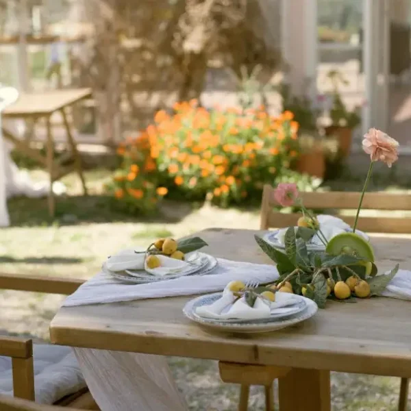 And outdoor placement setting on a wooden table on a warm day.